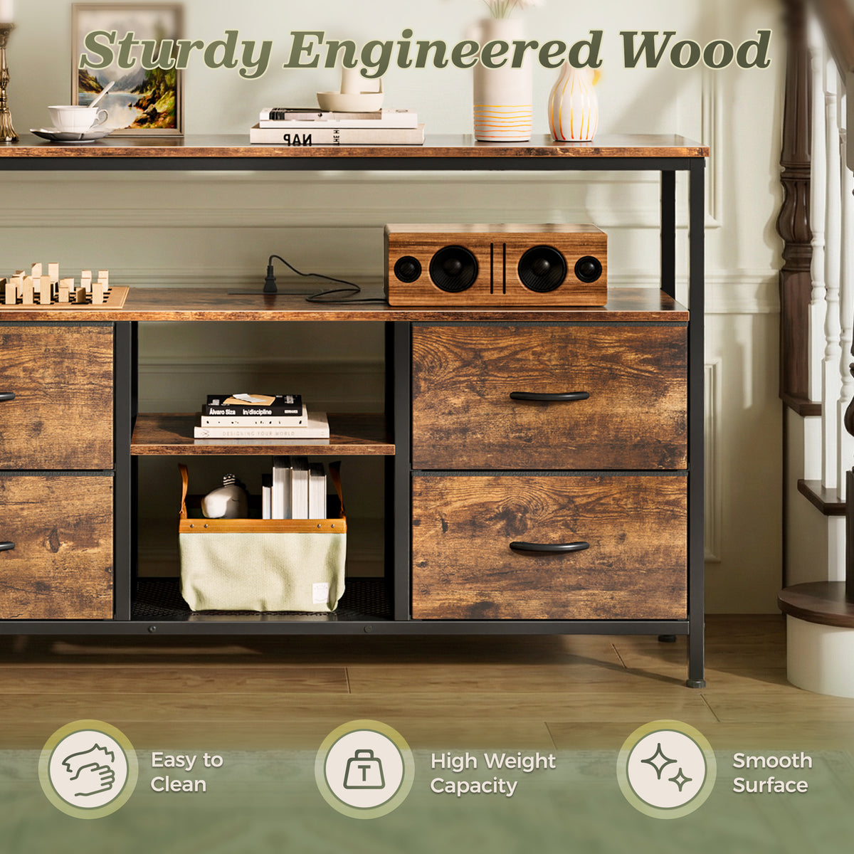 Amadwell TV Stand with Power Outlets & LED Lights, 4 Drawer Dresser Entertainment Center, Media Console with Open Shelf, Brown