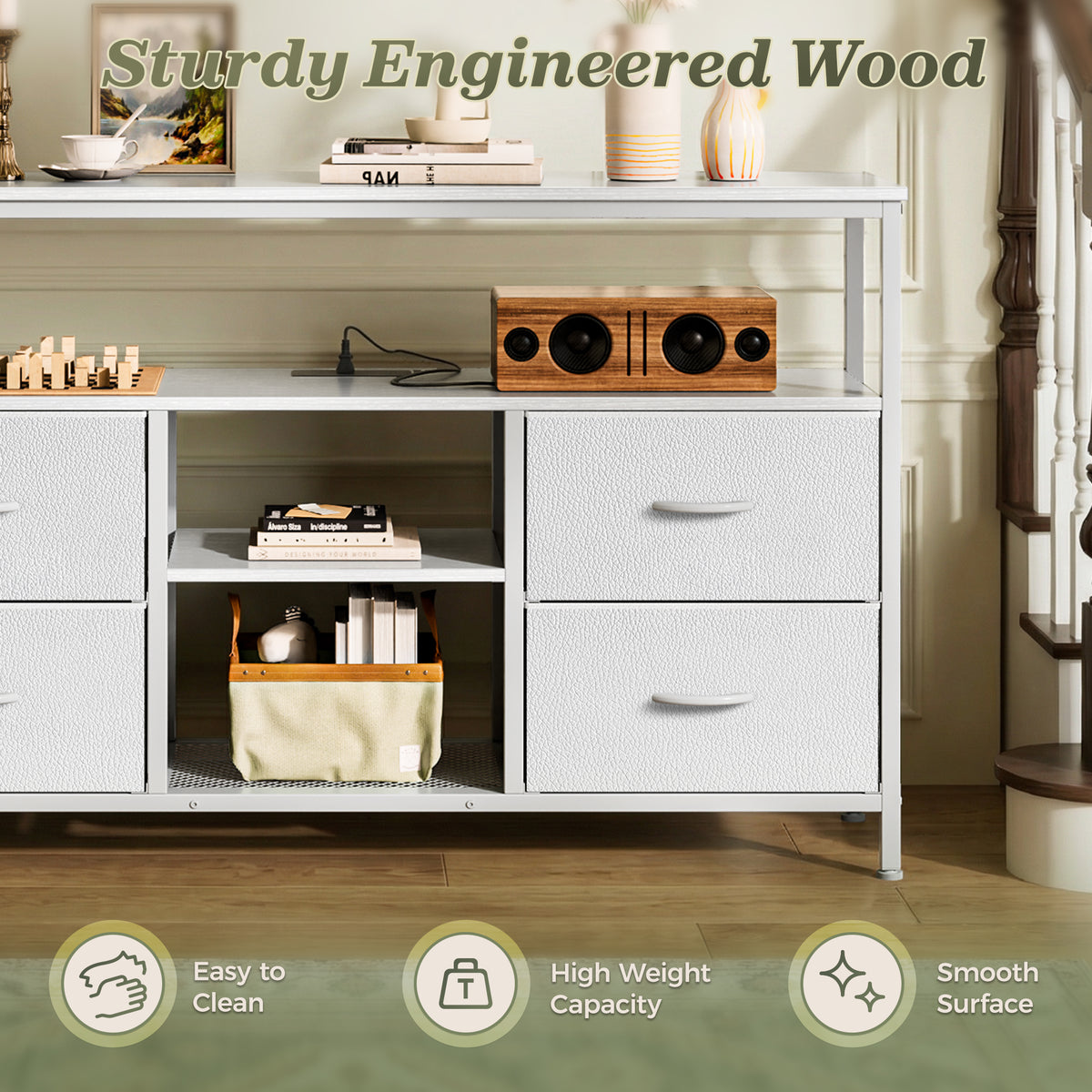 Amadwell TV Stand with Power Outlets & LED Lights, 4 Drawer Dresser Entertainment Center, Media Console with Open Shelf, White