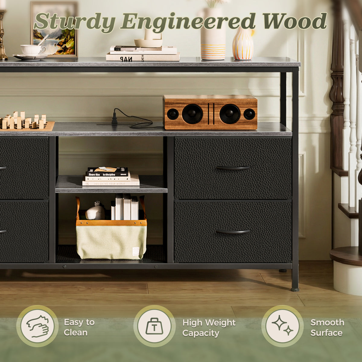 Amadwell TV Stand with Power Outlets & LED Lights, 4 Drawer Dresser Entertainment Center, Media Console with Open Shelf, Gray