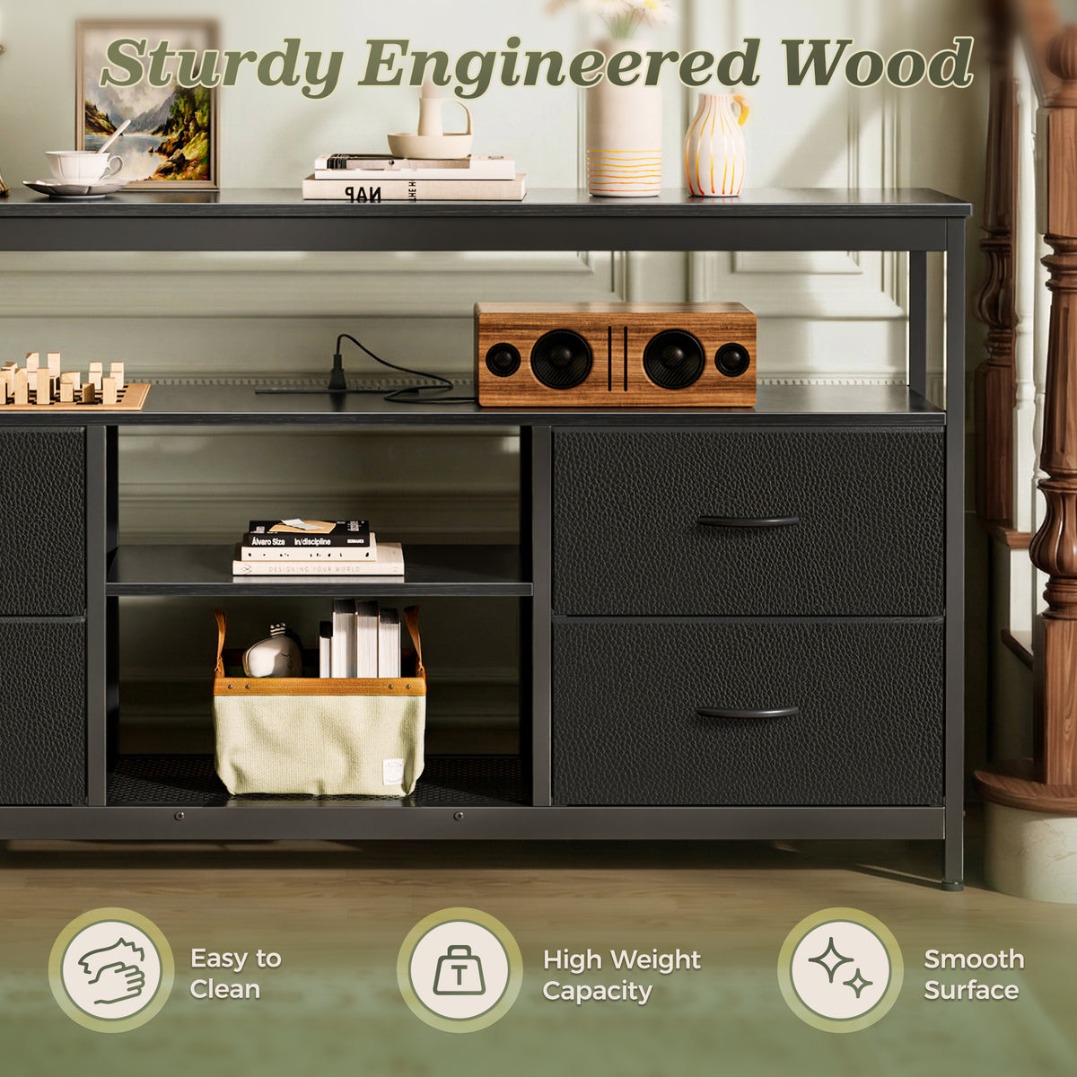 Amadwell TV Stand with Power Outlets & LED Lights, 4 Drawer Dresser Entertainment Center, Media Console with Open Shelf, Black