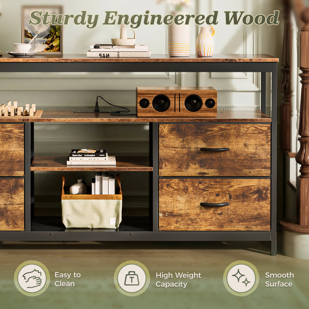 Amadwell TV Stand with Power Outlets & LED Lights, 4 Drawer Dresser Entertainment Center, Media Console with Open Shelf, Brown