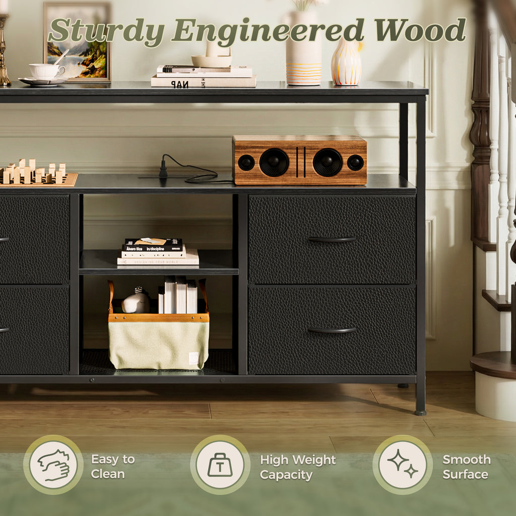 Amadwell TV Stand with Power Outlets & LED Lights, 4 Drawer Dresser Entertainment Center, Media Console with Open Shelf, Black