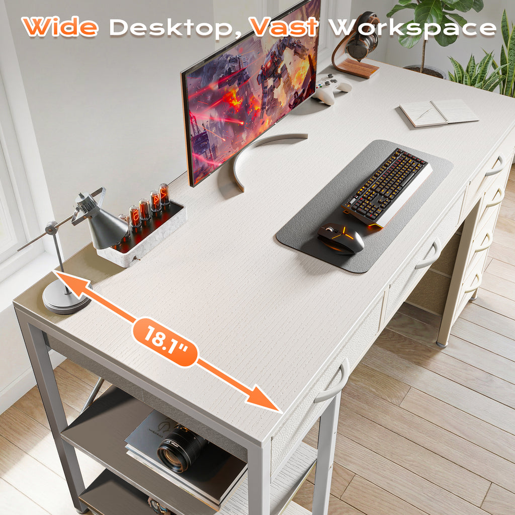 Amadwell 54" Desk with Drawers & Storage, Office Desk with Reversible Shelves, Gaming Computer Desk, White