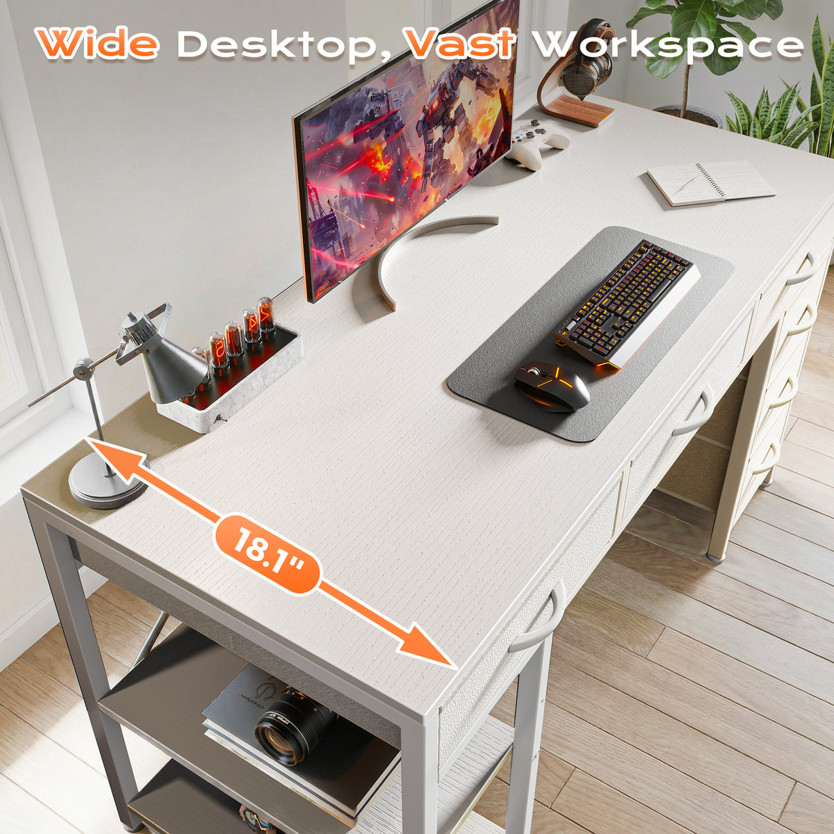 Amadwell 54" Desk with Drawers & Storage, Office Desk with Reversible Shelves, Gaming Computer Desk, White