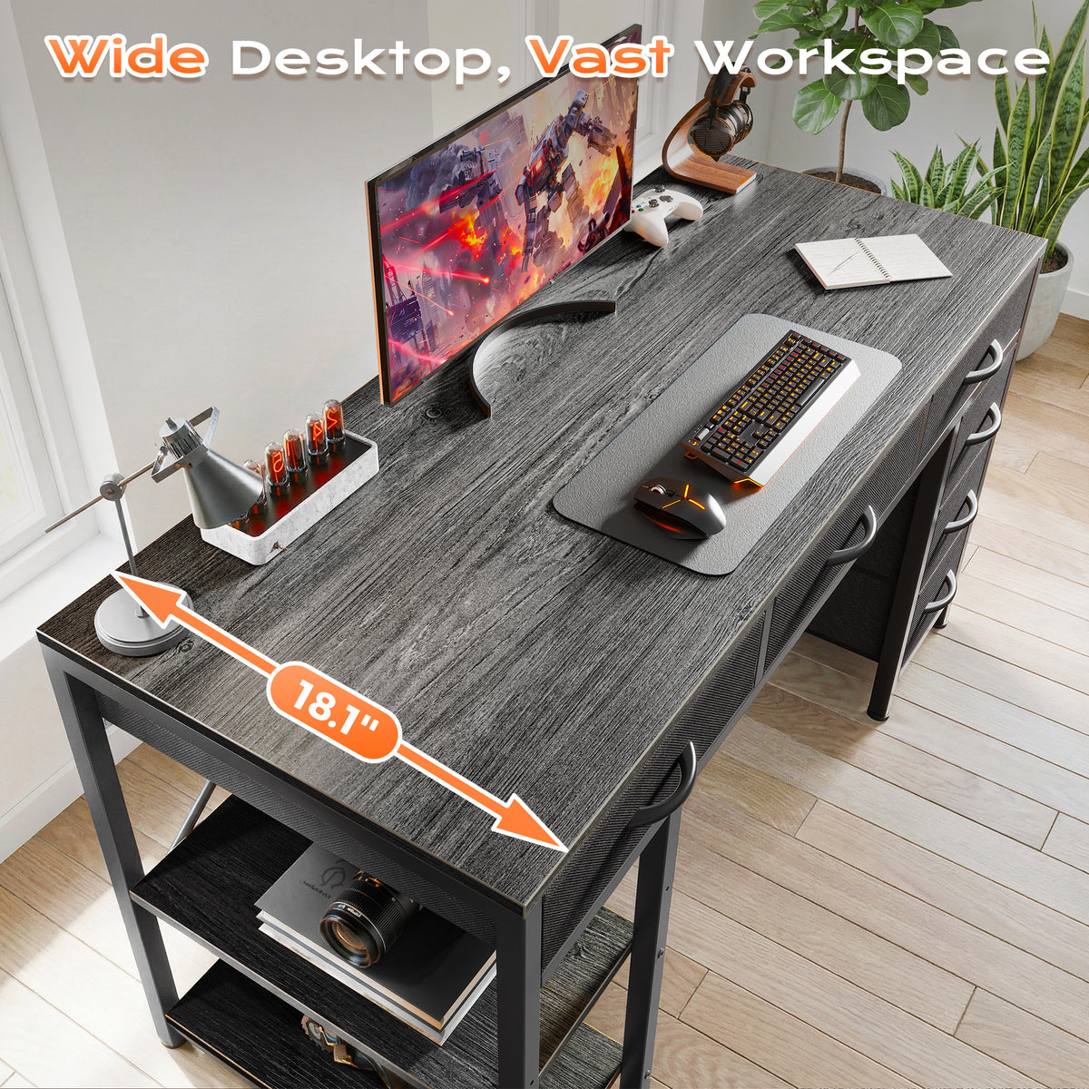 Amadwell 47" Desk with Drawers & Storage, Office Desk with Reversible Shelves, Gaming Computer Desk, Grey