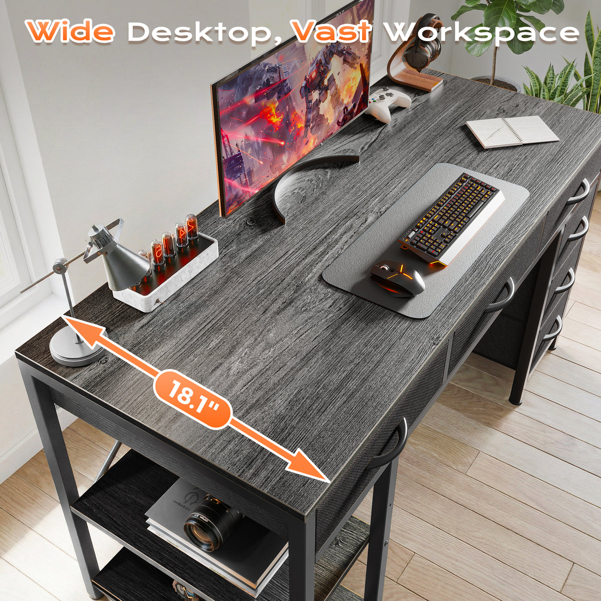 Amadwell 54" Desk with Drawers & Storage, Office Desk with Reversible Shelves, Gaming Computer Desk, Grey