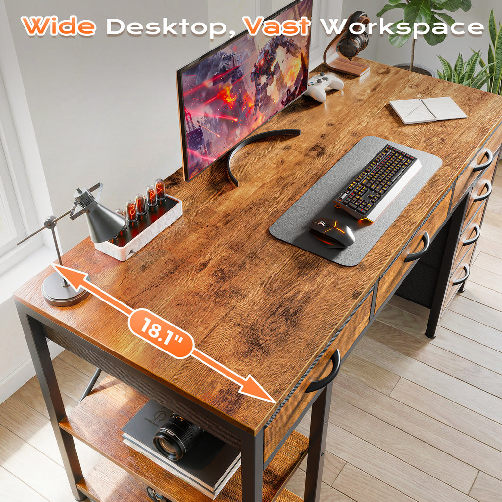 Amadwell 54" Desk with Drawers & Storage, Office Desk with Reversible Shelves, Gaming Computer Desk, Brown