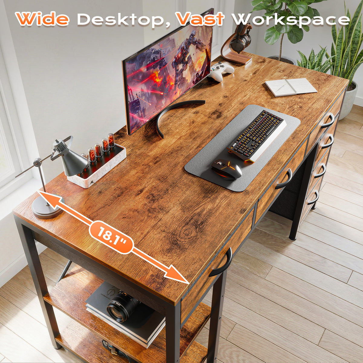 Amadwell 47" Desk with Drawers & Storage, Office Desk with Reversible Shelves, Gaming Computer Desk, Brown