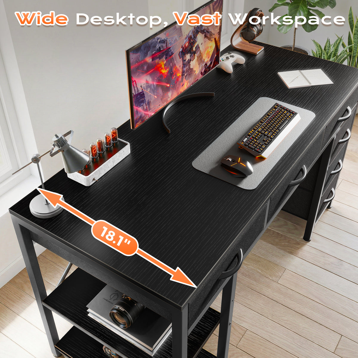 Amadwell 54" Desk with Drawers & Storage, Office Desk with Reversible Shelves, Gaming Computer Desk, Black