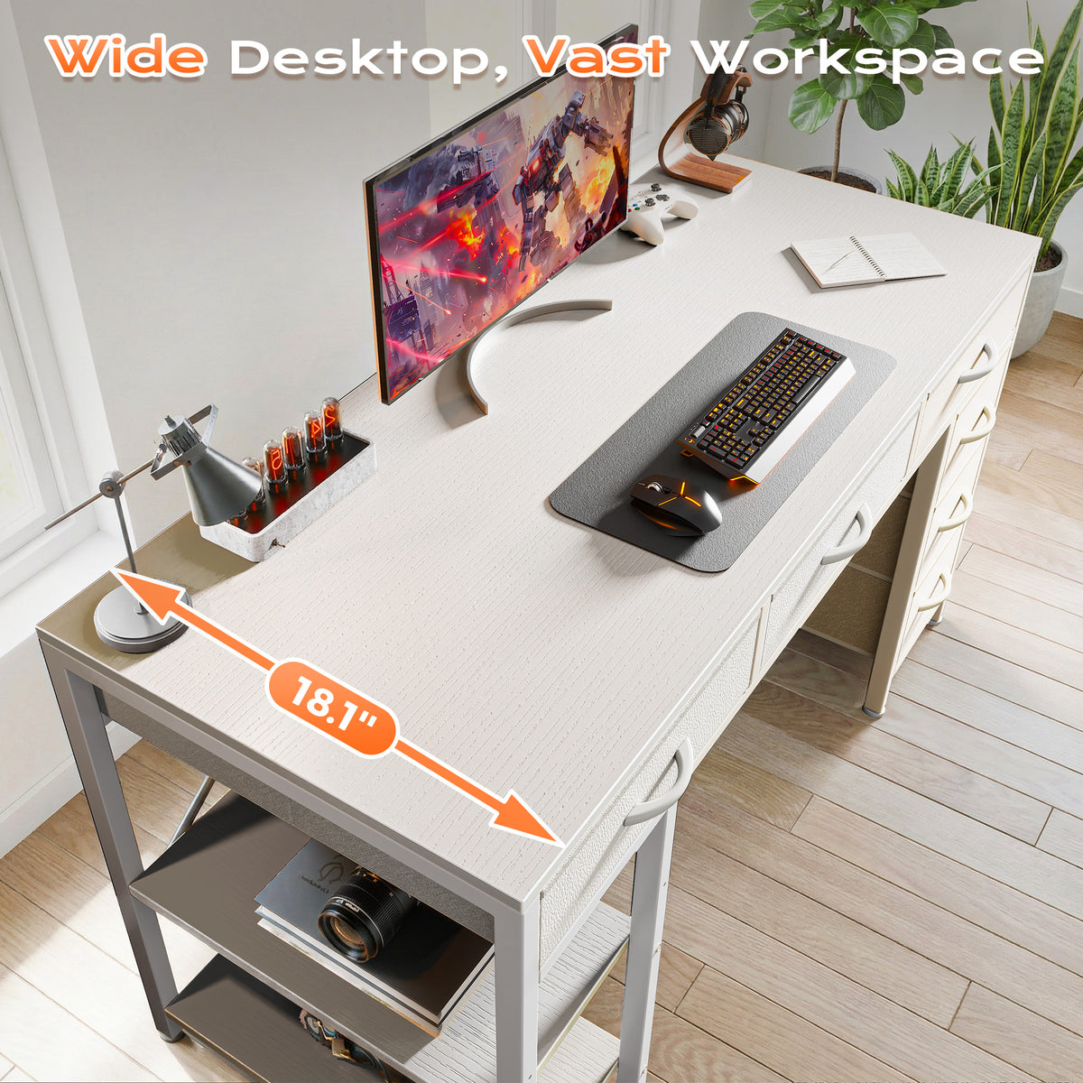 Amadwell 47" Desk with Drawers & Storage, Office Desk with Reversible Shelves, Gaming Computer Desk, White