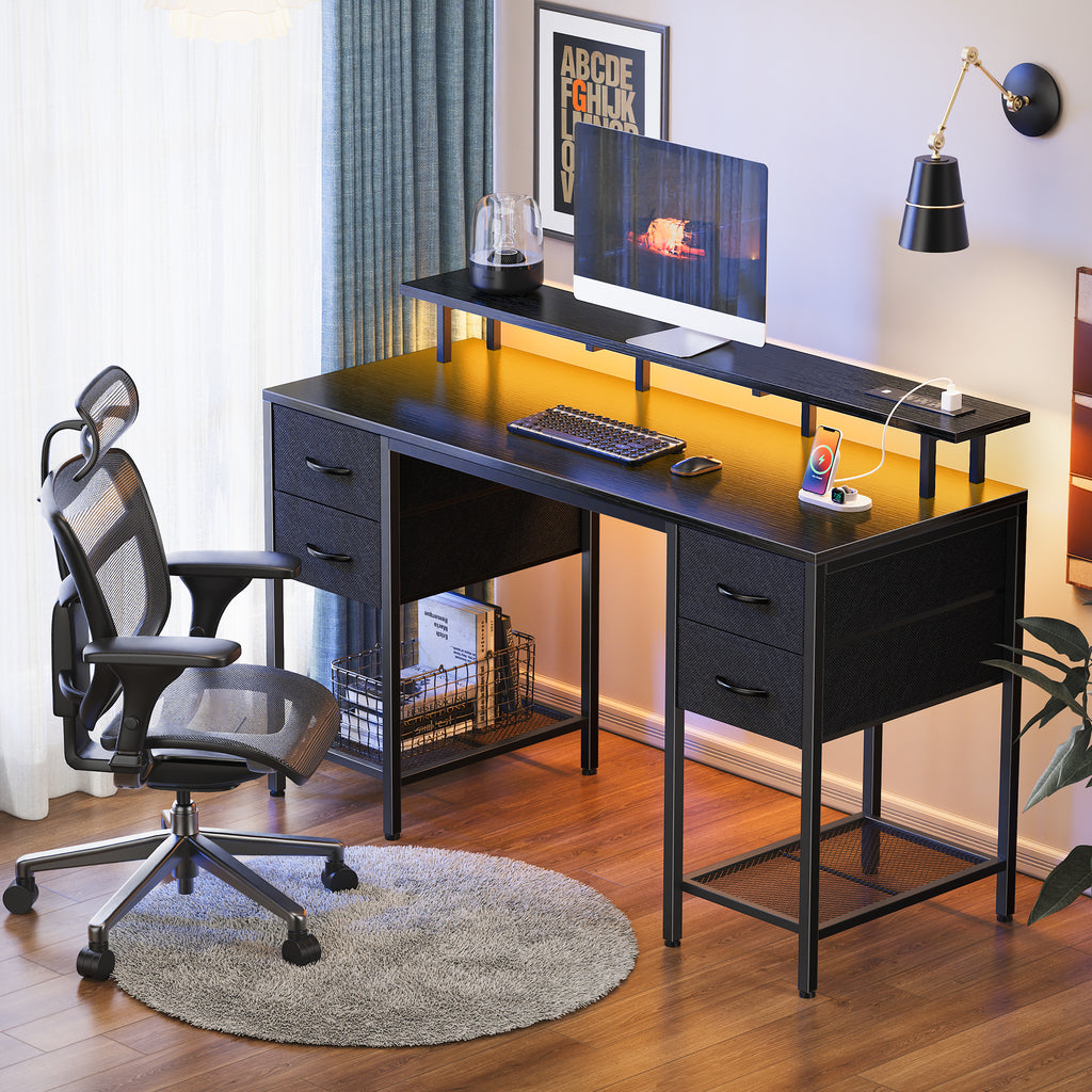 Amadwell 55" Gaming Computer Desk with LED Lights, Power Outlets, Home Office Writing Desk with 4 Drawers, Black