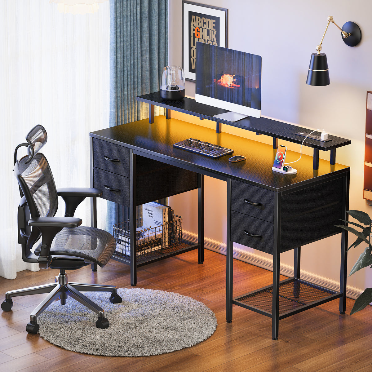 Amadwell 55" Gaming Computer Desk with LED Lights, Power Outlets, Home Office Writing Desk with 4 Drawers, Black