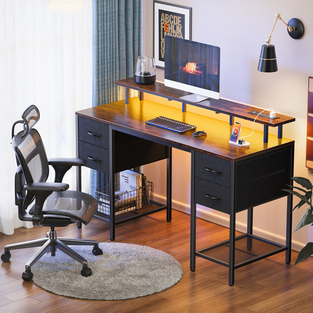 Amadwell 55" Gaming Computer Desk with LED Lights, Power Outlets, Home Office Writing Desk with 4 Drawers, Rustic Brown