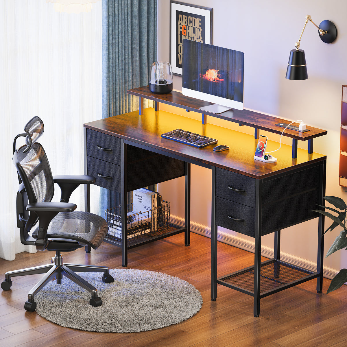 Amadwell 55" Gaming Computer Desk with LED Lights, Power Outlets, Home Office Writing Desk with 4 Drawers, Rustic Brown