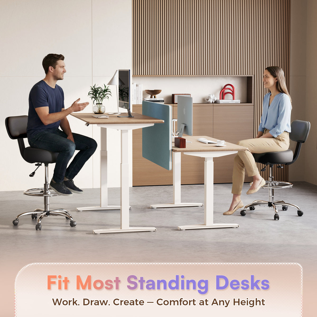 Amadwell Drafting Chair with Back Support, Adjustable Footrest Rolling Stool, Tall Office Desk Chair with Thick Cushion, Dark Black