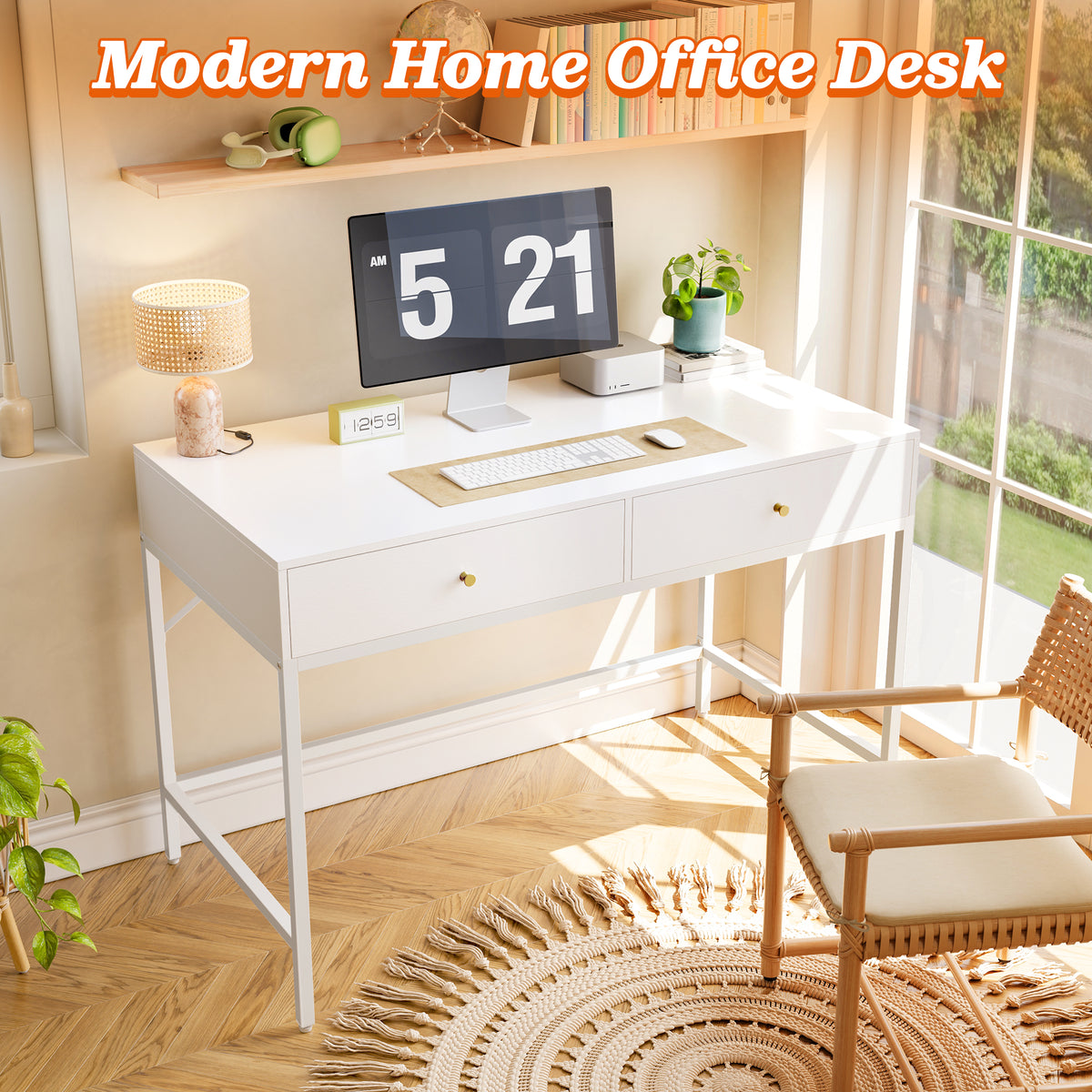 Amadwell 39 Inch White Vanity Desk with 2 Drawers, Small Makeup Vanity Computer Desk for Bedroom, White