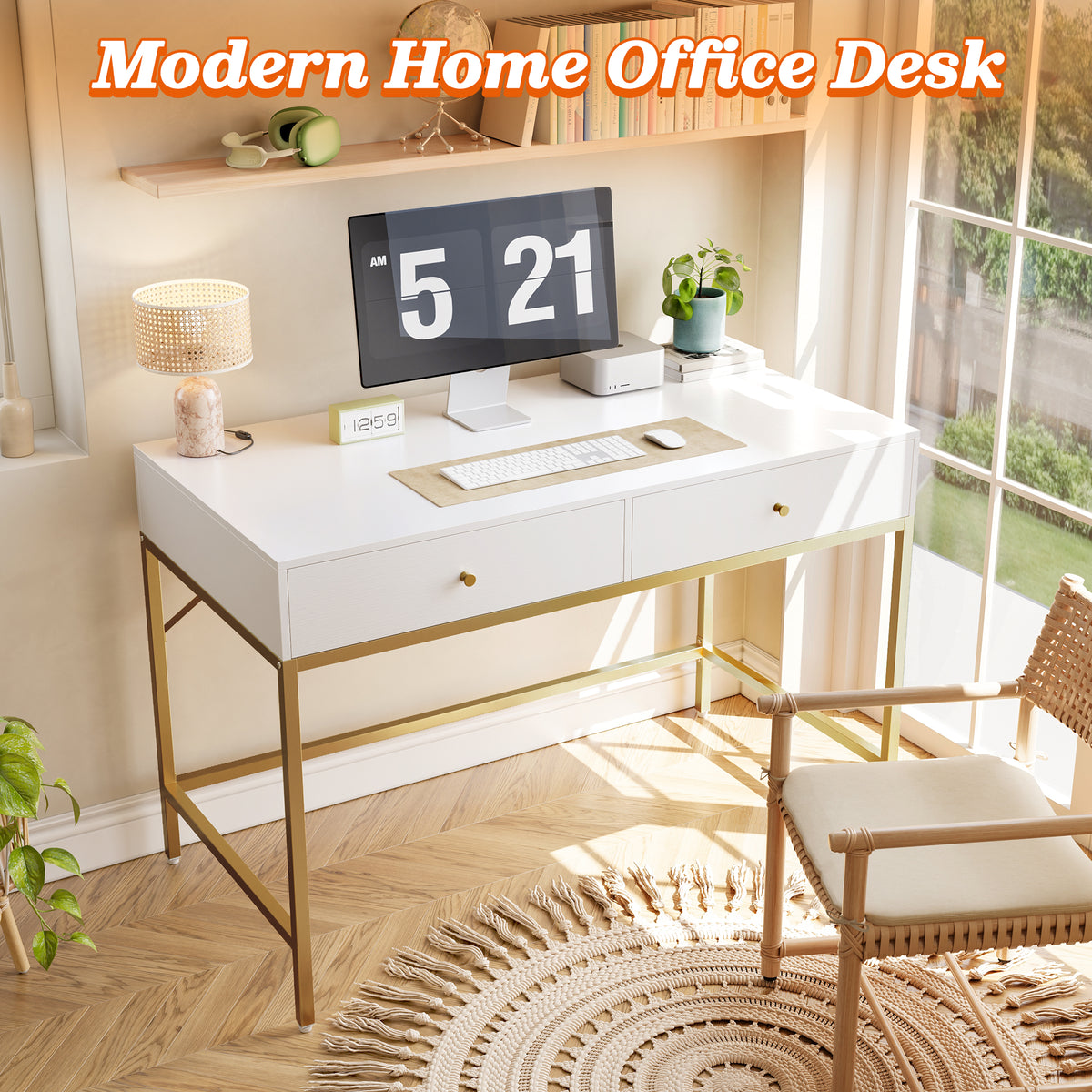 Amadwell 39 Inch White Vanity Desk with 2 Drawers, Small Makeup Vanity Computer Desk for Bedroom, Gold
