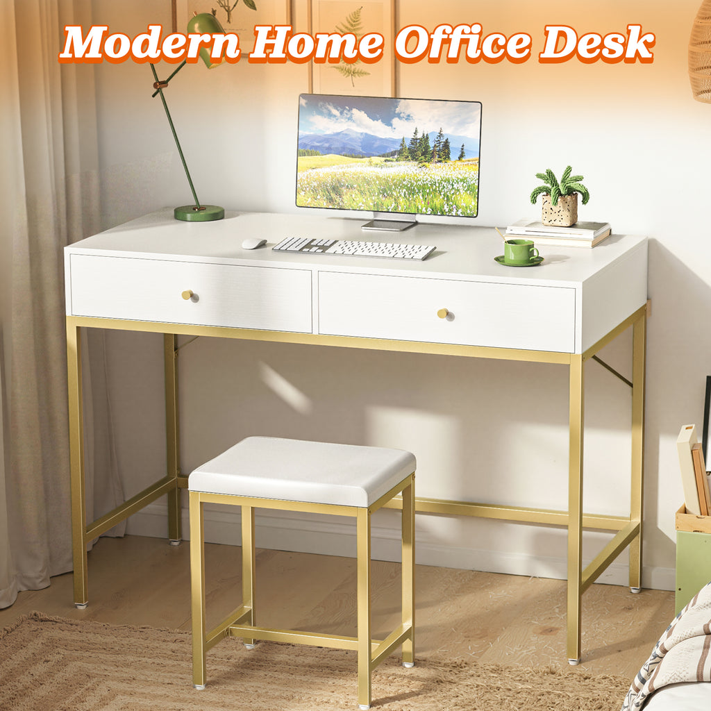 Amadwell 35.4 Inches White and Gold Desk with 2 Drawers, Vanity Desk with Padded Stool, Bedroom, Gold
