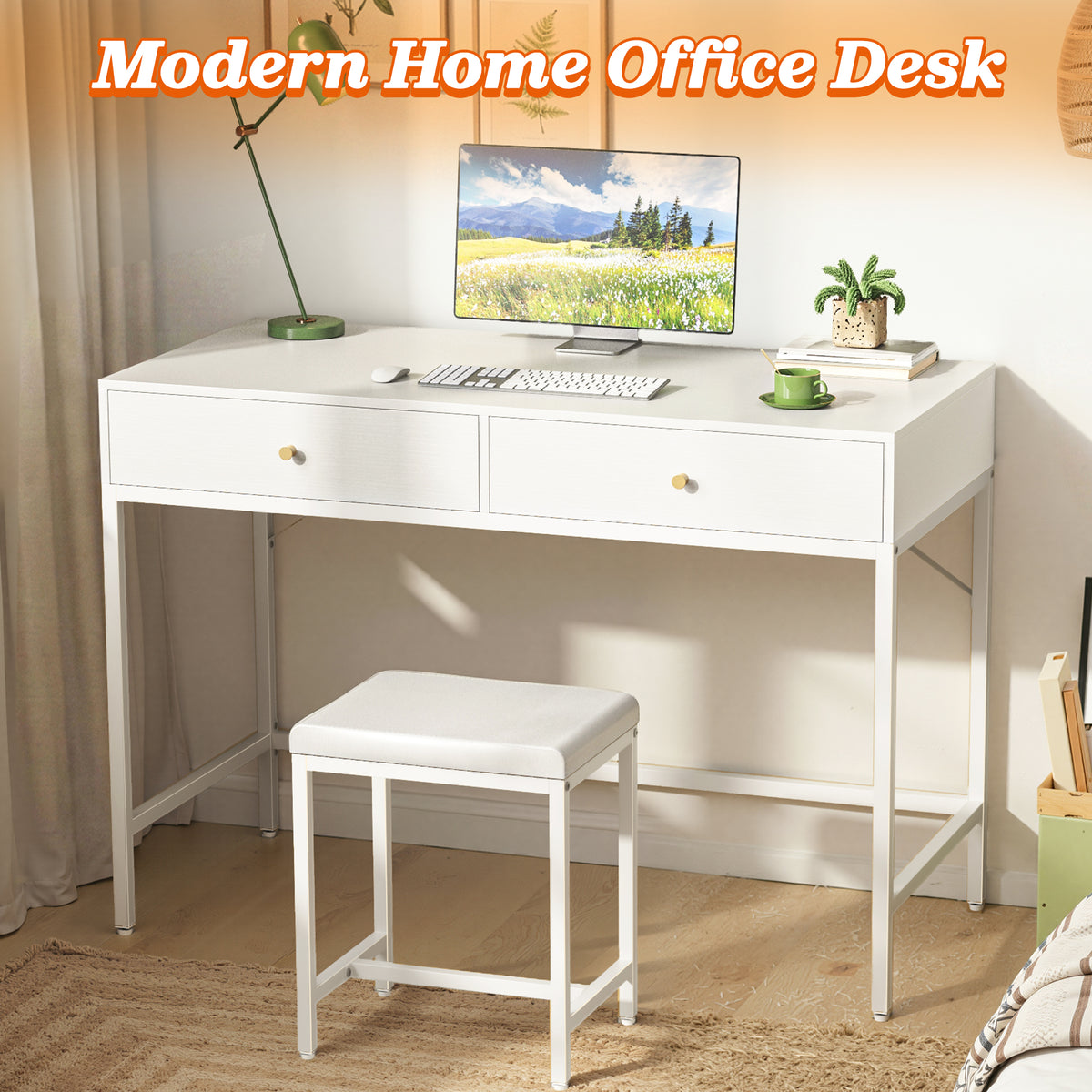 Amadwell 35.4 Inches White and Gold Desk with 2 Drawers, Vanity Desk with Padded Stool, Bedroom, White
