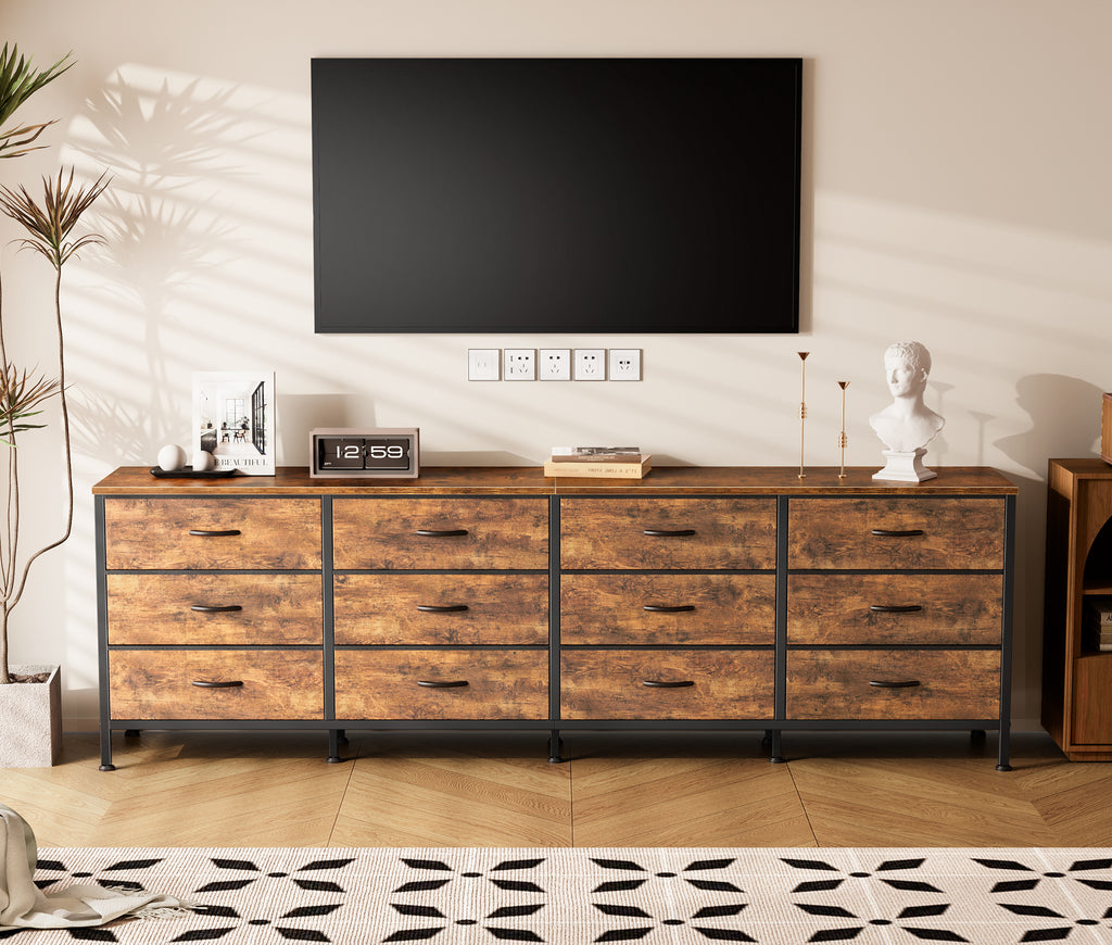 70 Inch Large Dresser for Bedroom, 12 Drawer TV Stand for 65, 75 Inch TV, Long Dresser for Living Room, Brown