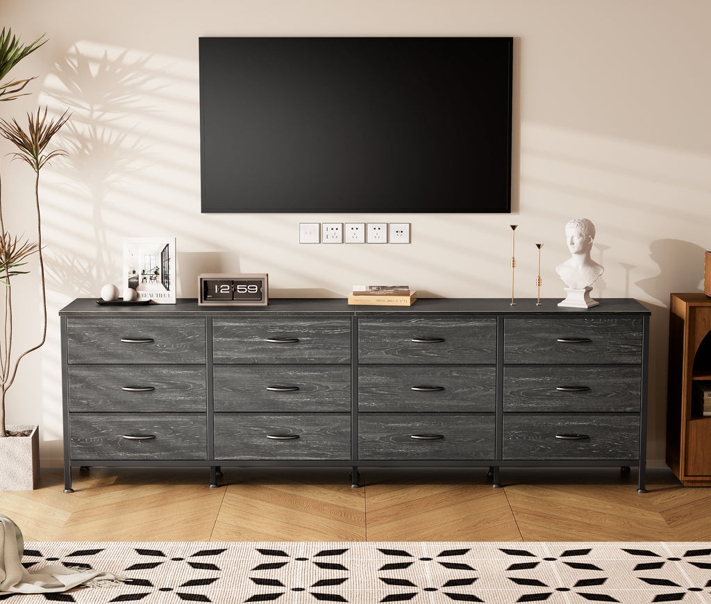 70 Inch Large Dresser for Bedroom, 12 Drawer TV Stand for 65, 75 Inch TV, Long Dresser for Living Room, Charcoal Black Wood Grain Print