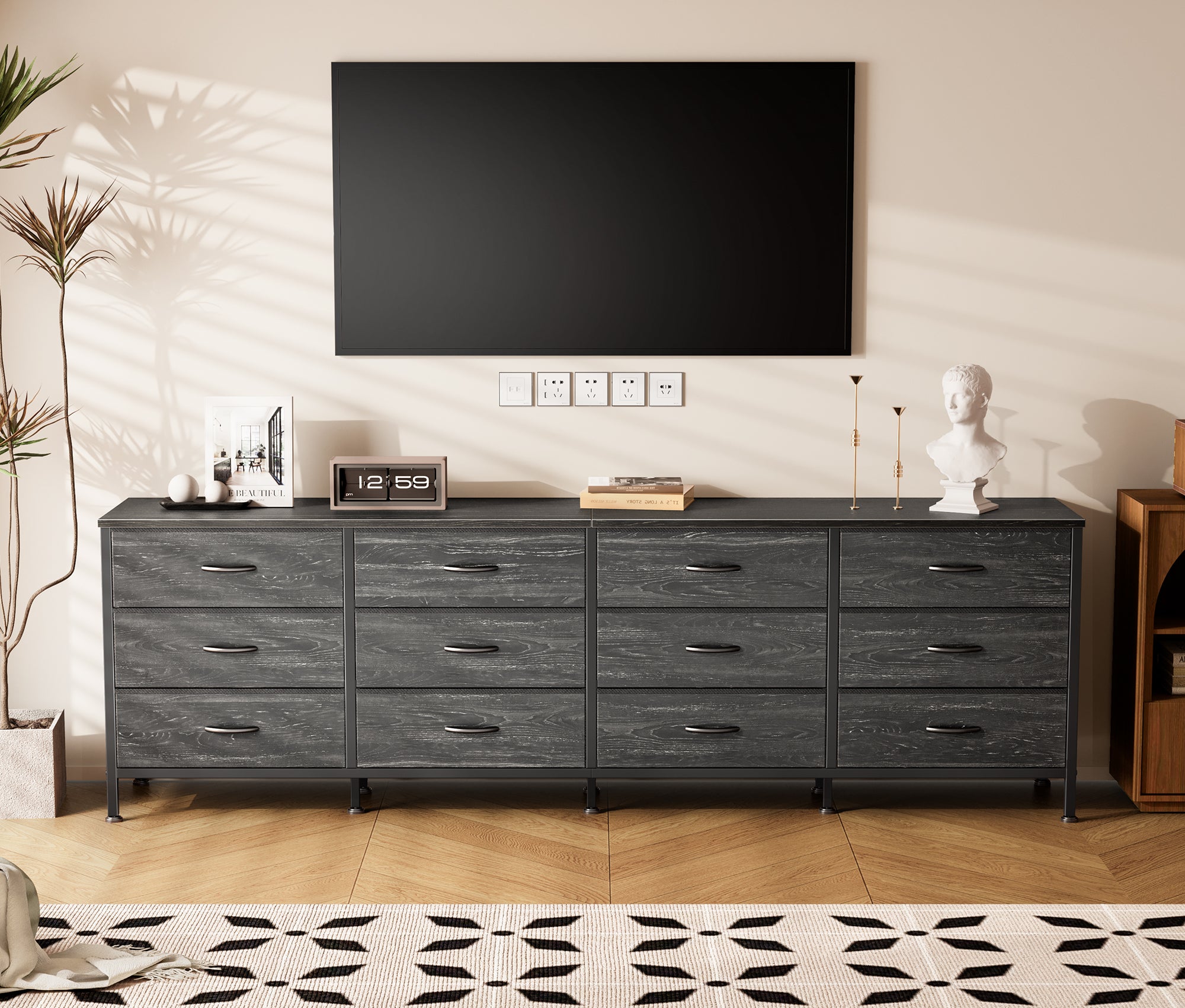 70 Inch Large Dresser for Bedroom, 12 Drawer TV Stand for 65, 75 Inch TV, Long Dresser for Living Room, Charcoal Black Wood Grain Print
