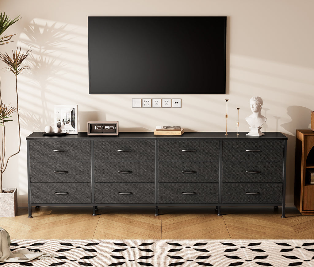 70 Inch Large Dresser for Bedroom, 12 Drawer TV Stand for 65, 75 Inch TV, Long Dresser for Living Room, Black