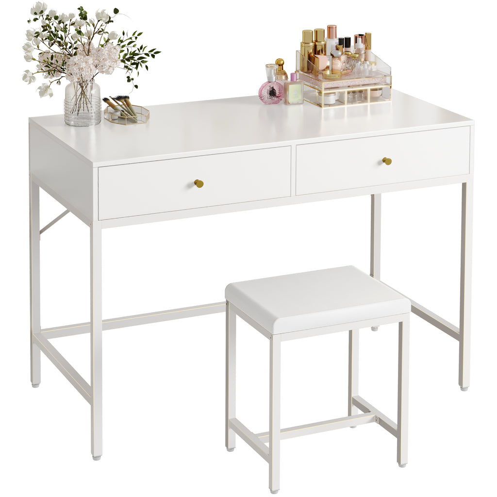 Amadwell 35.4 Inches White and Gold Desk with 2 Drawers, Vanity Desk with Padded Stool, Bedroom, White