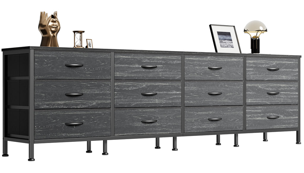 70 Inch Large Dresser for Bedroom, 12 Drawer TV Stand for 65, 75 Inch TV, Long Dresser for Living Room, Charcoal Black Wood Grain Print