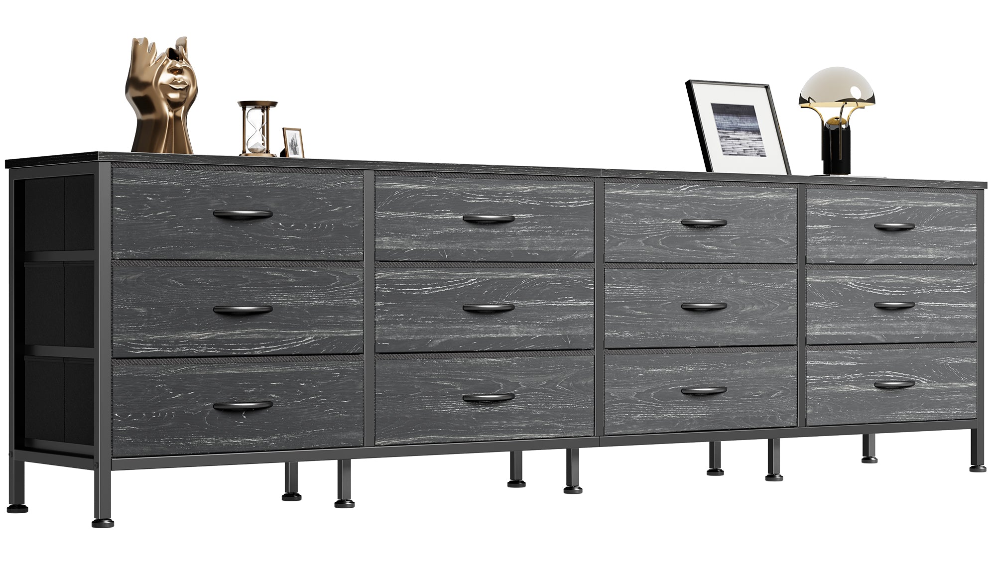 70 Inch Large Dresser for Bedroom, 12 Drawer TV Stand for 65, 75 Inch TV, Long Dresser for Living Room, Charcoal Black Wood Grain Print