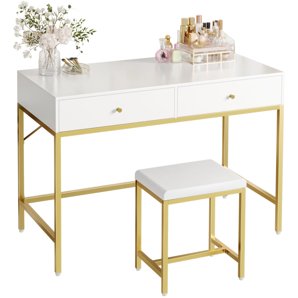 Amadwell 35.4 Inches White and Gold Desk with 2 Drawers, Vanity Desk with Padded Stool, Bedroom, Gold