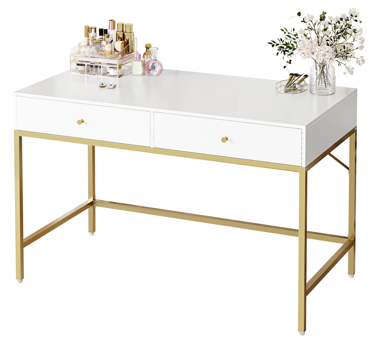 Amadwell 39 Inch White Vanity Desk with 2 Drawers, Small Makeup Vanity Computer Desk for Bedroom, Gold