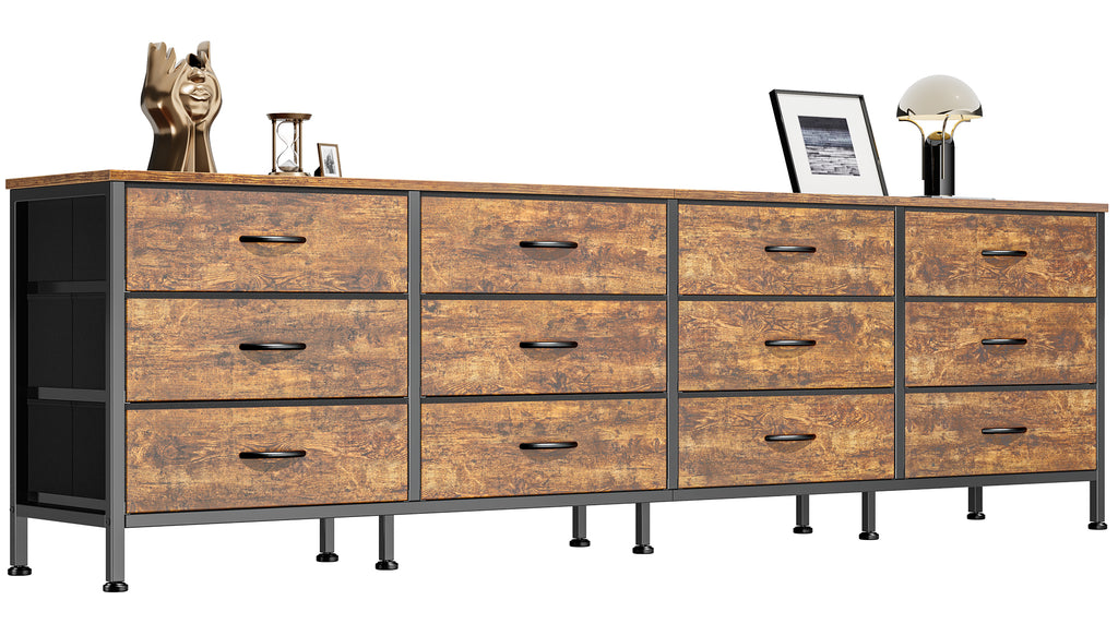 70 Inch Large Dresser for Bedroom, 12 Drawer TV Stand for 65, 75 Inch TV, Long Dresser for Living Room, Brown