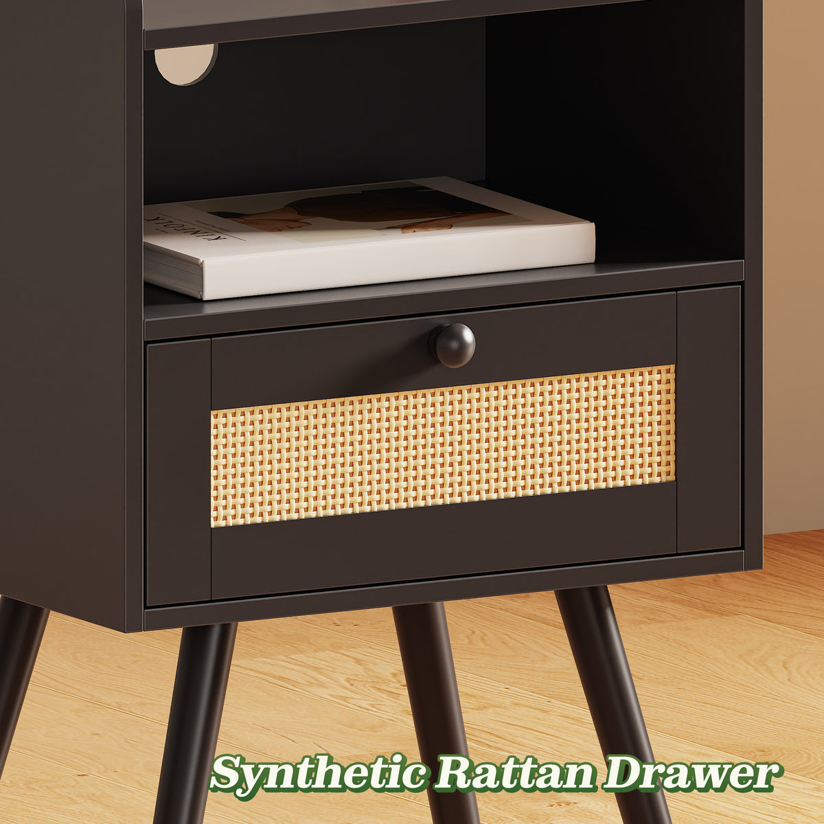 Amadwell Rattan Nightstands Set of 2, Bedside Tables with Charging Station, Storage Drawers & Solid Wood Feet for Bedroom, Black