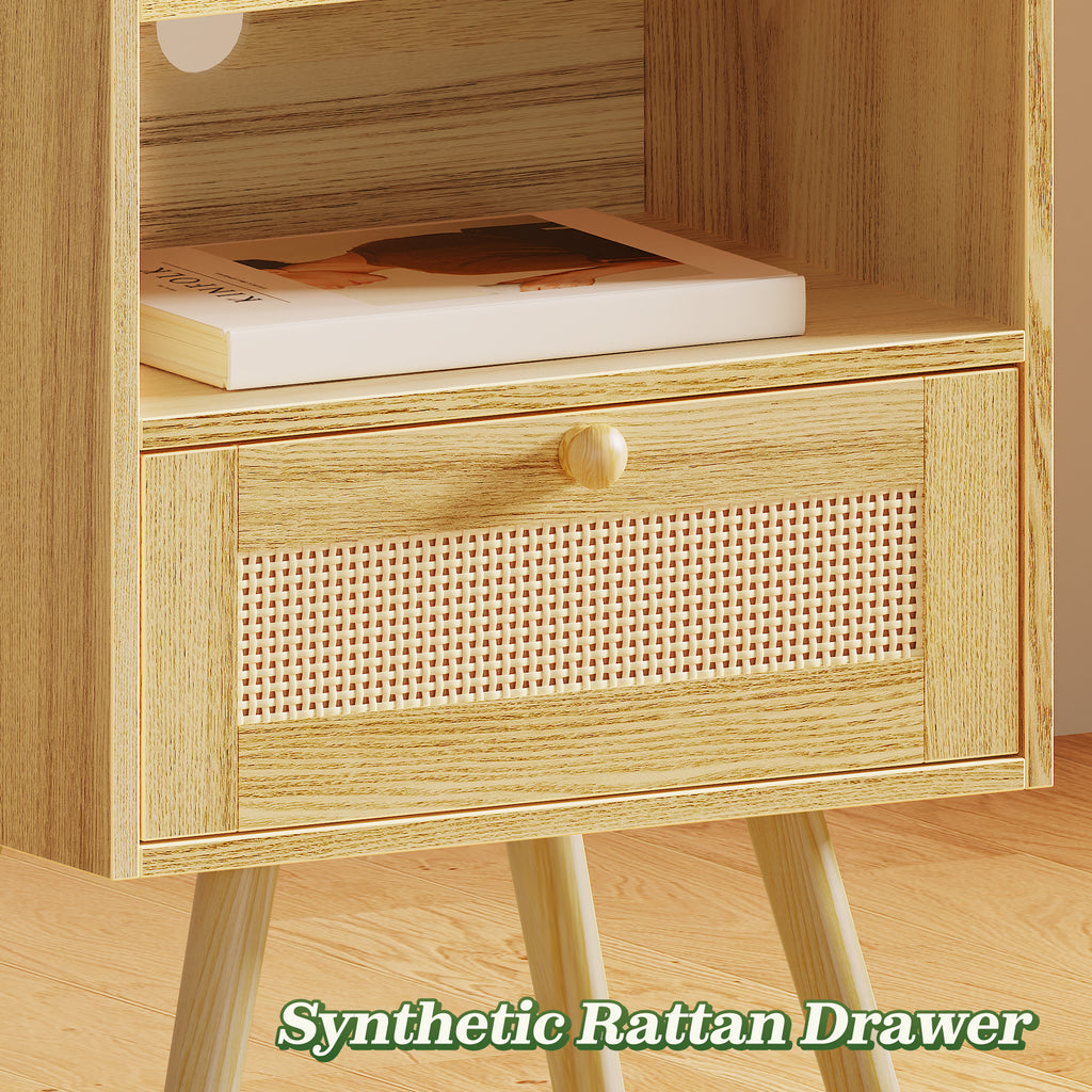 Amadwell Rattan Nightstands Set of 2, Bedside Tables with Charging Station, Storage Drawers & Solid Wood Feet for Bedroom, Yellow