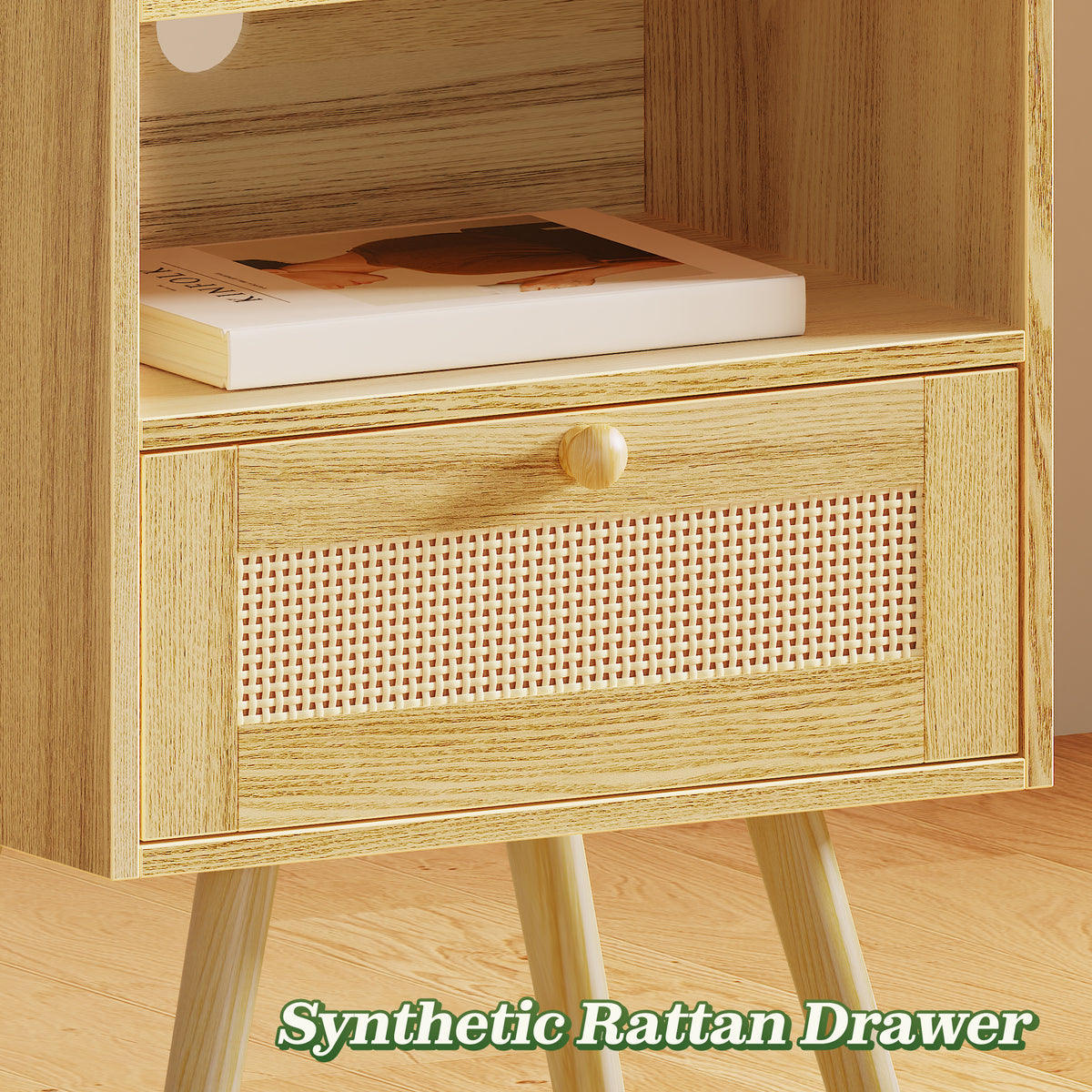 Amadwell Rattan Nightstands Set of 2, Bedside Tables with Charging Station, Storage Drawers & Solid Wood Feet for Bedroom, Yellow