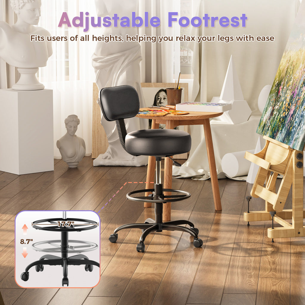 Amadwell Drafting Chair with Back Support, Adjustable Footrest Rolling Stool, Tall Office Desk Chair with Thick Cushion