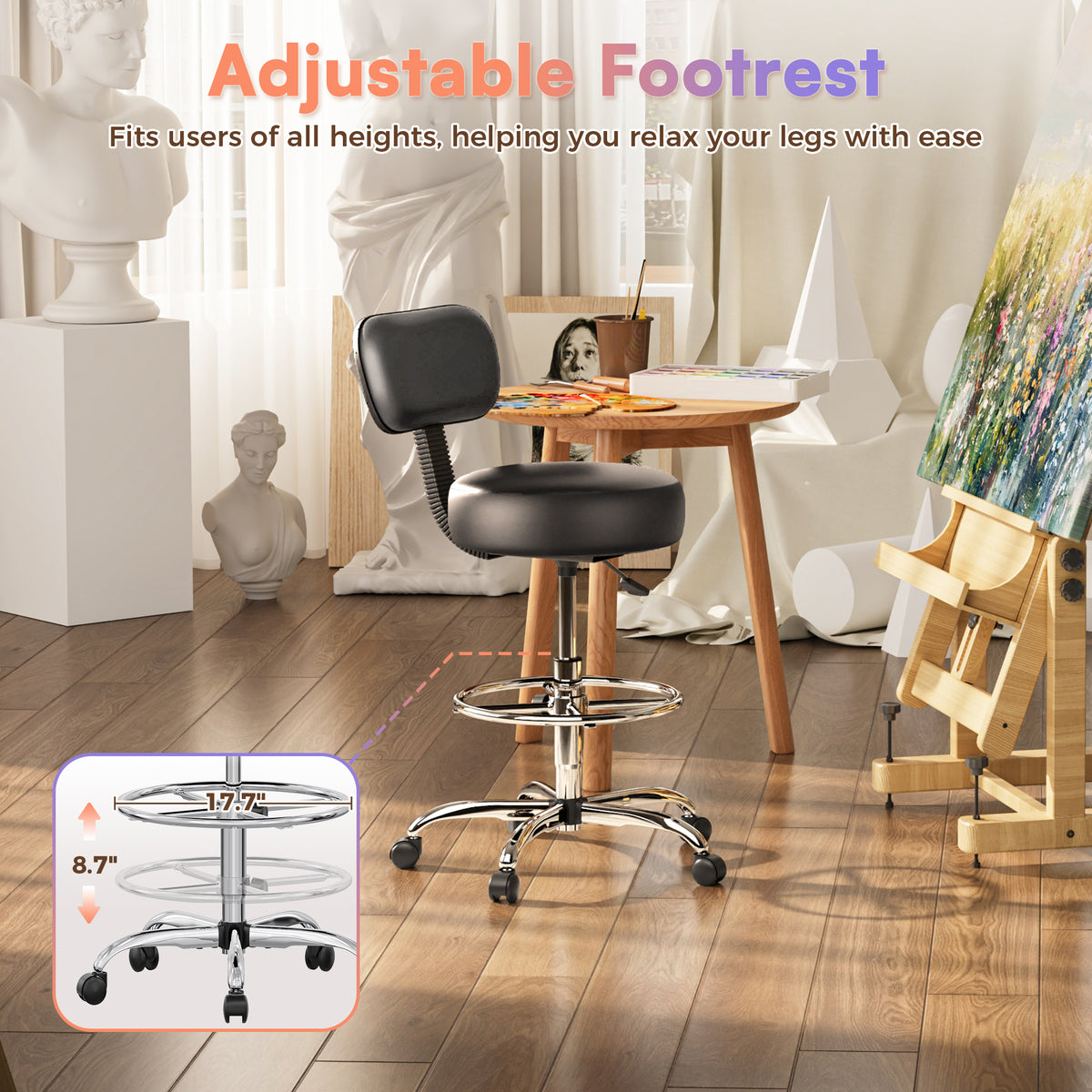Amadwell Drafting Chair with Back Support, Adjustable Footrest Rolling Stool, Tall Office Desk Chair with Thick Cushion, Dark Black