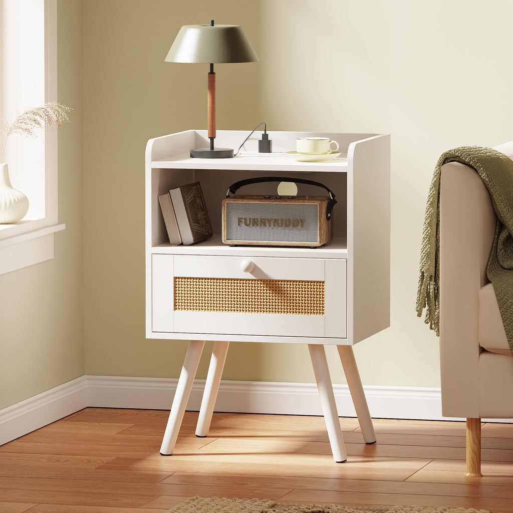 Amadwell Rattan Nightstands Set of 2, Bedside Tables with Charging Station, Storage Drawers & Solid Wood Feet for Bedroom, White