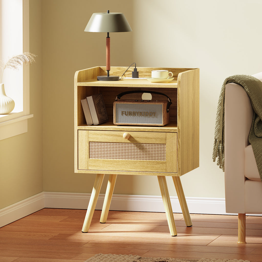 Amadwell Rattan Nightstands Set of 2, Bedside Tables with Charging Station, Storage Drawers & Solid Wood Feet for Bedroom, Yellow