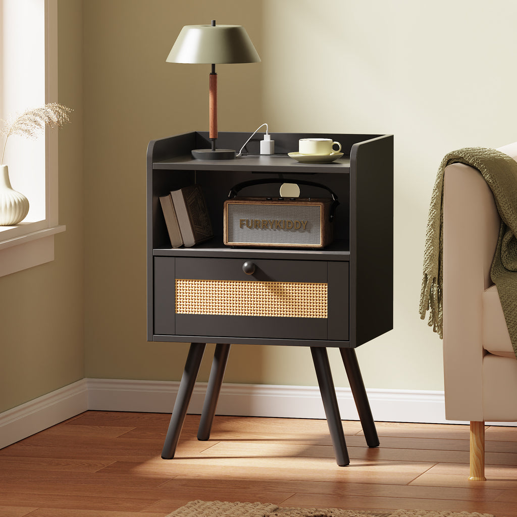 Amadwell Rattan Nightstands Set of 2, Bedside Tables with Charging Station, Storage Drawers & Solid Wood Feet for Bedroom, Black