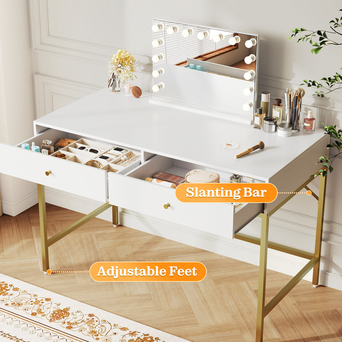 Amadwell 39 Inch White Vanity Desk with 2 Drawers, Small Makeup Vanity Computer Desk for Bedroom, Gold