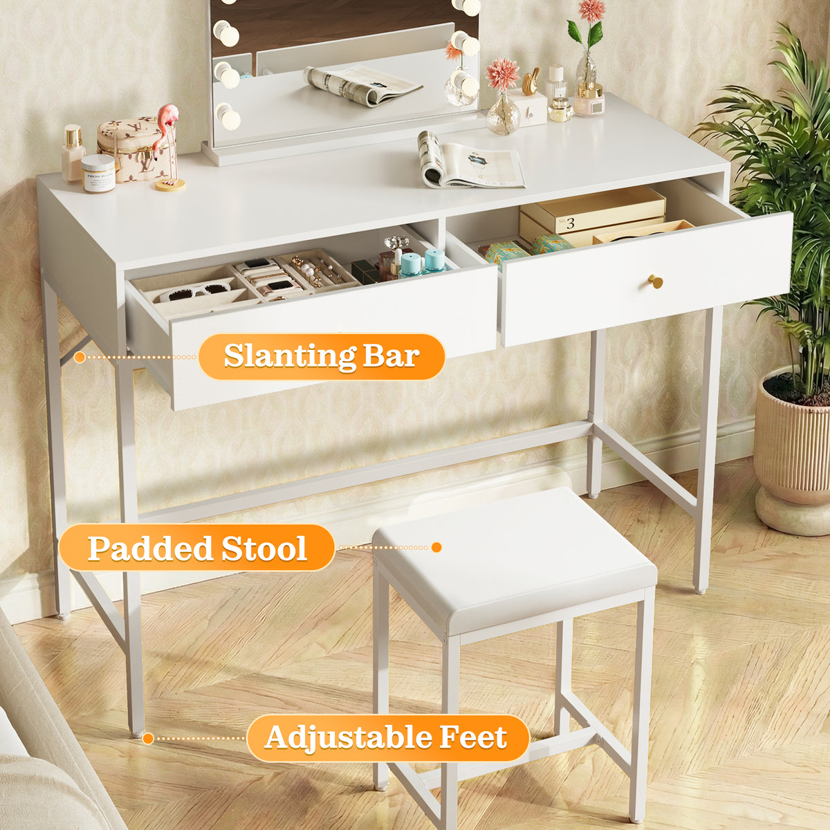 Amadwell 35.4 Inches White and Gold Desk with 2 Drawers, Vanity Desk with Padded Stool, Bedroom, White