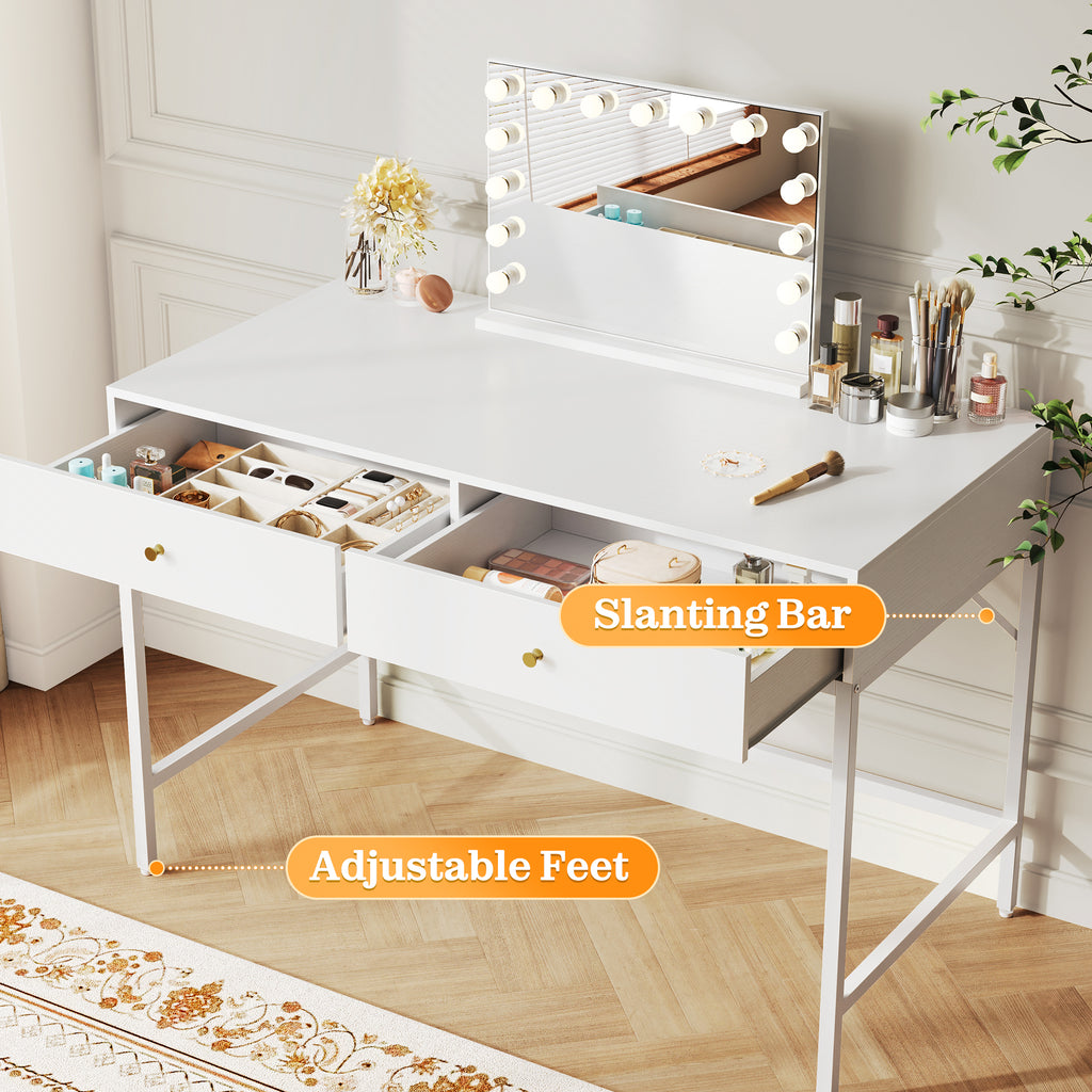 Amadwell 39 Inch White Vanity Desk with 2 Drawers, Small Makeup Vanity Computer Desk for Bedroom, White