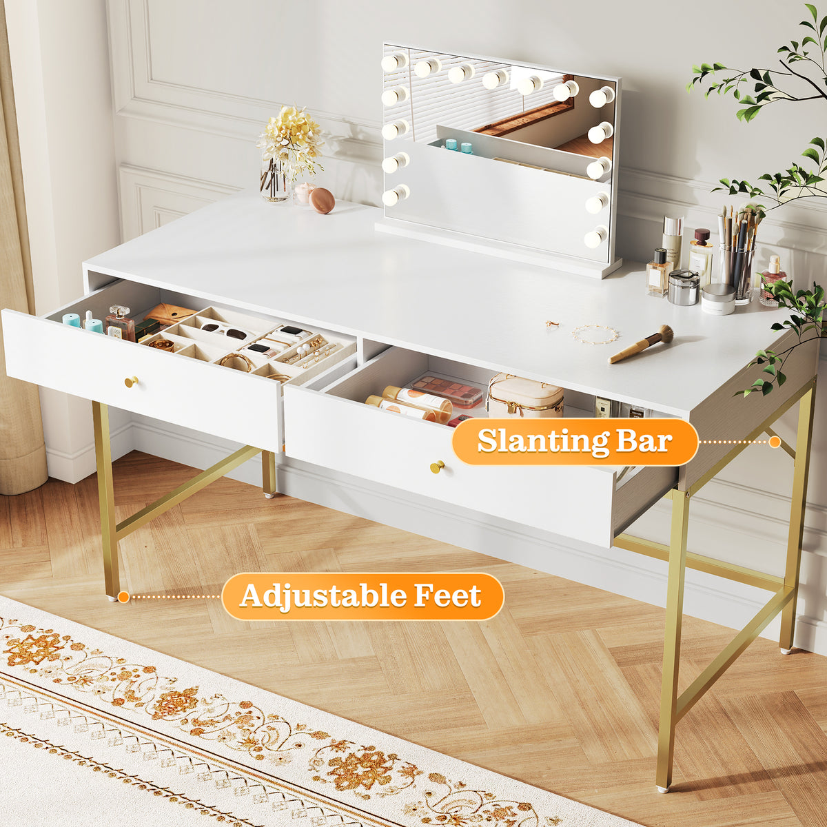Amadwell Vanity Desk with Drawers, 47 inch Computer Desk, Vanity Dressing Table with Storage, for Bedroom, Gold