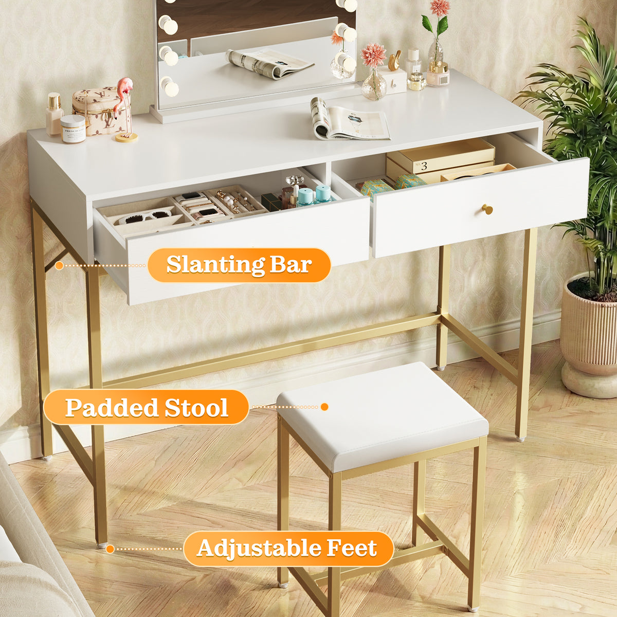 Amadwell 35.4 Inches White and Gold Desk with 2 Drawers, Vanity Desk with Padded Stool, Bedroom, Gold
