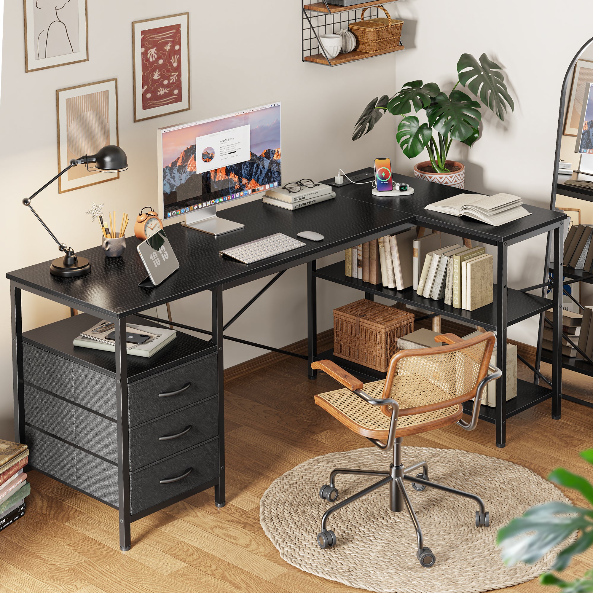 54 Inch L Shaped Office Desk with Power Outlets, Computer Desk with Drawers, Corner Desk for Home Office, Black