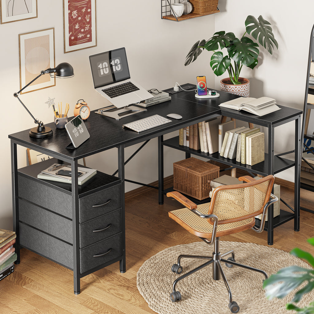47 Inch L Shaped Office Desk with Power Outlets, Computer Desk with Drawers, Corner Desk for Home Office, Black