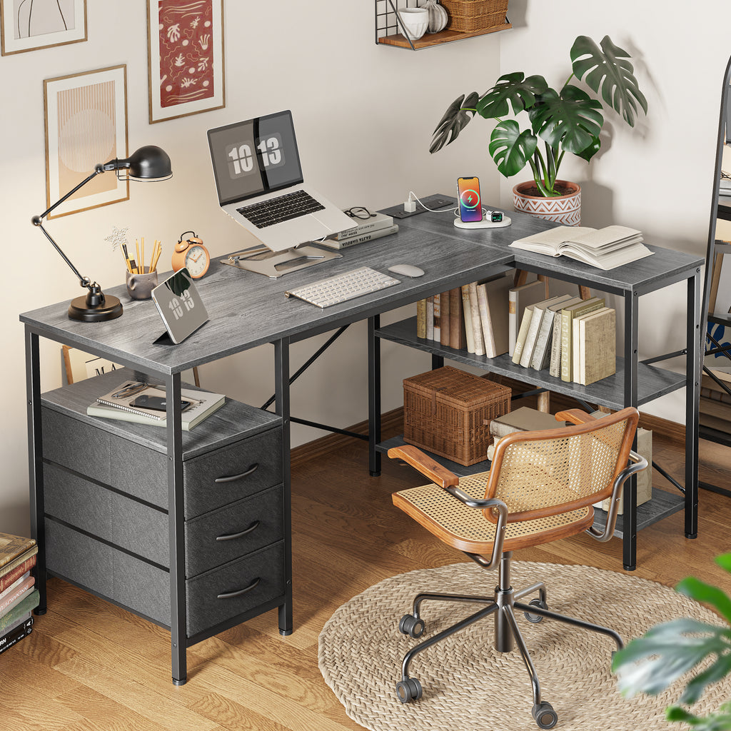 47 Inch L Shaped Office Desk with Power Outlets, Computer Desk with Drawers, Corner Desk for Home Office, Grey