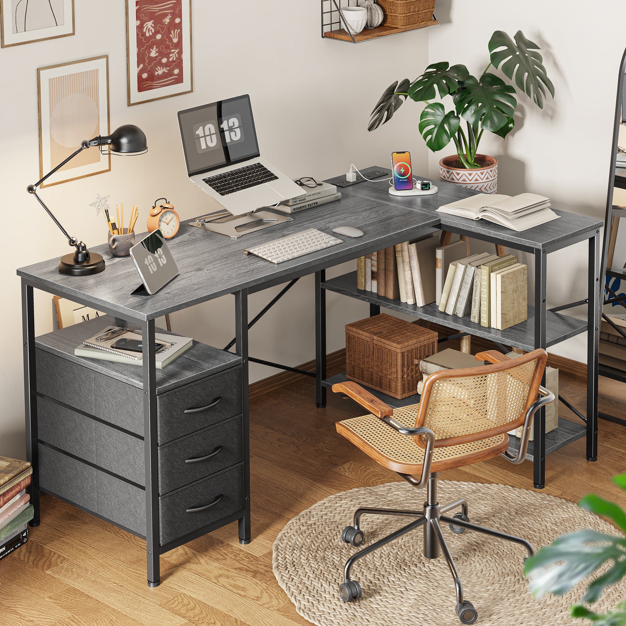 47 Inch L Shaped Office Desk with Power Outlets, Computer Desk with Drawers, Corner Desk for Home Office, Grey